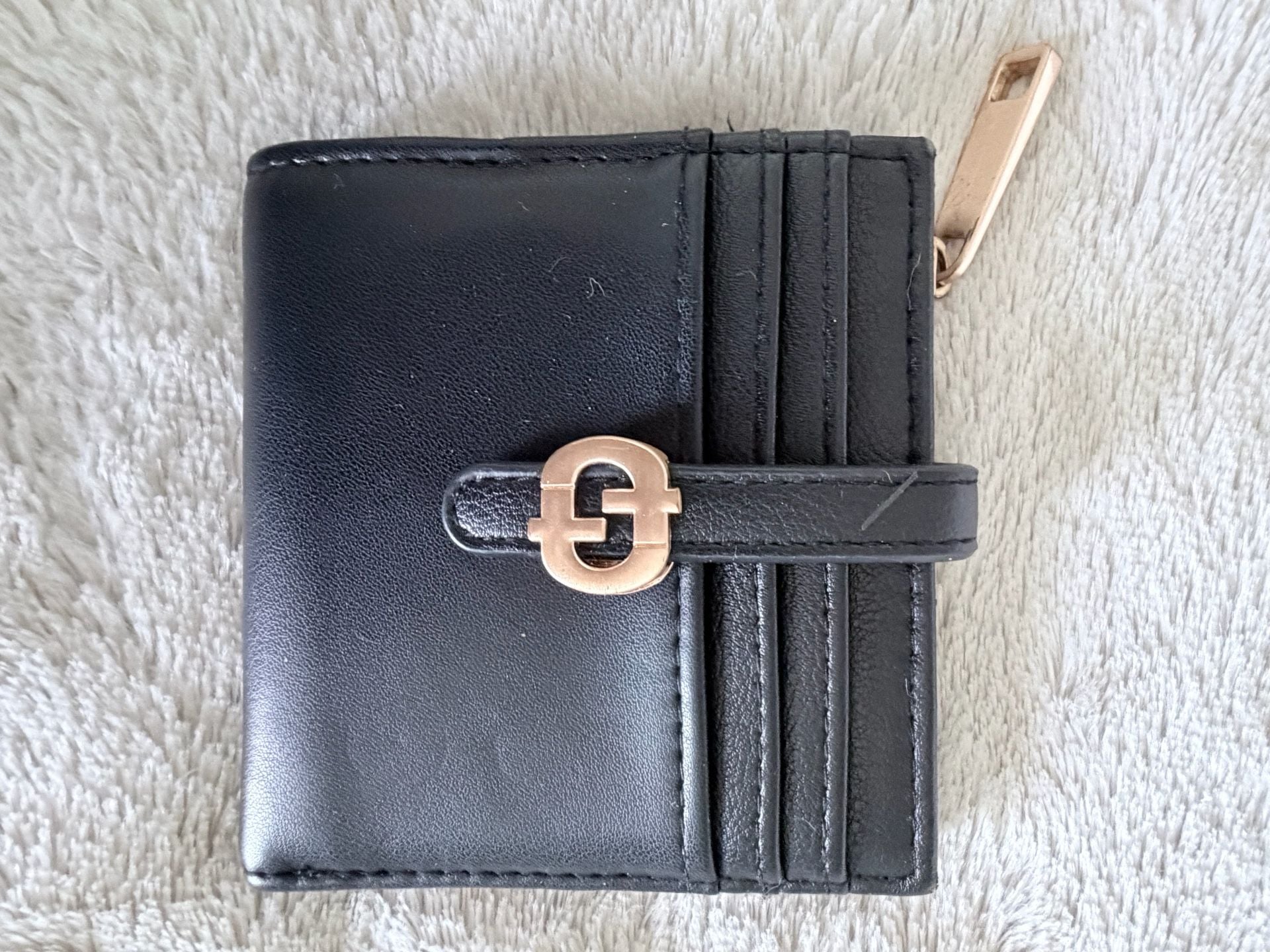 Black Faux Leather Bifold Wallet With Gold Tone Hardware